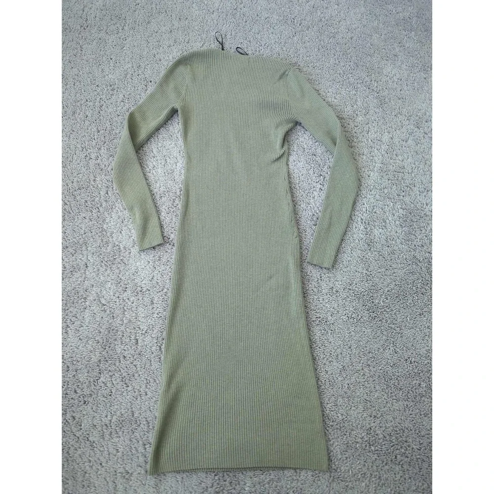 H&M Bodycon Dress Womens S Green Long Sleeve Square Neck Ribbed Knit Midi - Picture 7 of 8